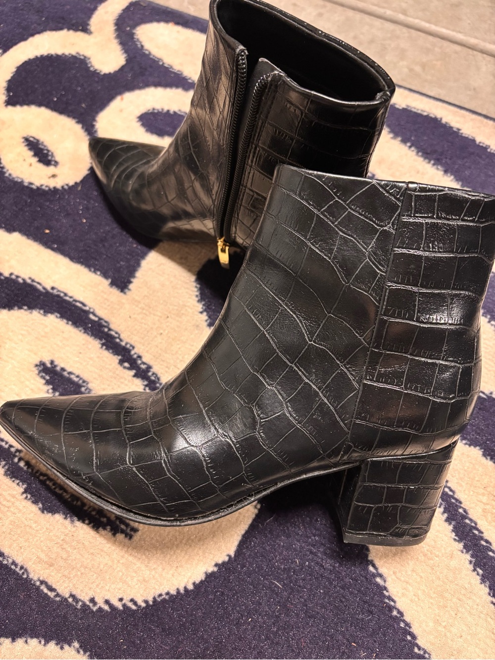 Marc Fisher Black Croc-Embossed Pointed Toe Ankle Boots Size 8